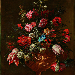 Mario Nuzzi, detto Mario dei fiori (Roma 1603-1673) - Mazzo di fiori entro vaso istoriato1650-1660 circa - olio su tela