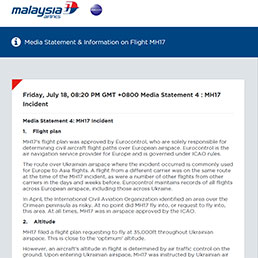 La pagina di informazioni relative all'incidente sul sito della Malaysia Airlines