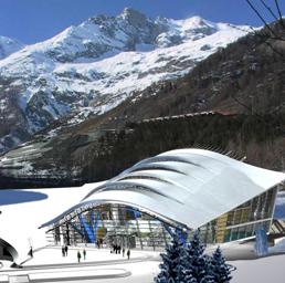 La stazione che verrà. nel rendering una stazione delle nuove Finivie del Monte Bianco che collegano Courmayeur a Punta Helbronnere, di lì, agli impianti sul versante francese: un sistema integrato di trasporto funiviario e servizi logistici, commerciali,culturali,didattici, di intrattenimento e di accoglienza in un ambiente unico. i lavori procedono: superata la fase di scavo,sono in montaggio le cabine e tutto ( un'opera da 145 milioni) dovrebbe essere pronto per l'estate 2015