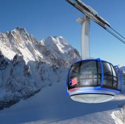 Cabine rotanti. La nuova funivia del Monte Bianco avrà cabine (come nel rendering) con un sistema che ne permetterà la rotazione su se stesse: i visitatori fruiranno di una visione a 360 gradi del panorama
