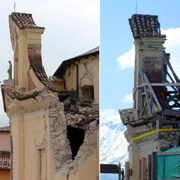 La chiesa di Paganica (L'Aquila) gravemente lesionata in una immagine del 12 aprile 2009 (sinistra) e la situazione di oggi 2 aprile 2011 (destra) - Ansa