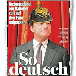 "Il nuovo capo della BCE  cos tedesco". Un regalo speciale per il nuovo presidente della Bce: un elmo prussiano a punta originale del 1871, consegnato dal direttore del Bild Kai Diekmann. La motivazione  quella di ricordare agli italiani le virt prussiane. Mario Draghi l'ha presa con umorismo...
