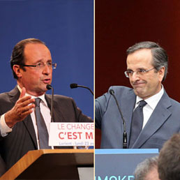 Il candidato francese Francois Hollande (a sinistra) e quello greco Antonis Samaras