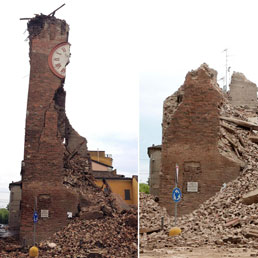 La Torre dell'Orologio a Finale Emilia (Modena) prima e dopo le lesioni (ANSA / LUCA CAROZZINO)