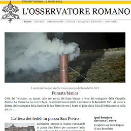 La home page del sito de "L'Osservatore Romano" con l'annuncio della fumata bianca per l'elezione del nuovo Pontefice