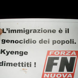 I volantini di Forza Nuova davanti alla sede di un municipio di Roma contro la partecipazione del ministro Kyenge ad un dibattito a Ostia, quartiere litorale della Capitale. (Ansa)