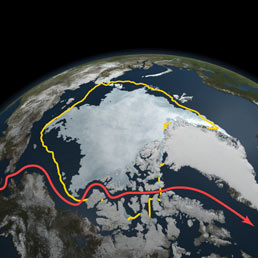 L'estensione dei ghiacci il 9 settembre 2011 confrontata con la media della superficie minima durante l'estate degli ultimi 30 anni (in giallo). In rosso, il Passaggio a Nord-Ovest, ormai completamente navigabile. (Credit: NASA Goddard's Scientific Visualization Studio).