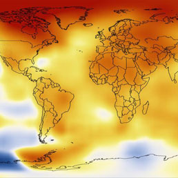 Le temperature del 2012 rispetto alla media degli ultimi 60 anni. La scala va dal blu, più freddo, al rosso mattone, più caldo